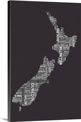 New Zealand Cities Text Map, Grey