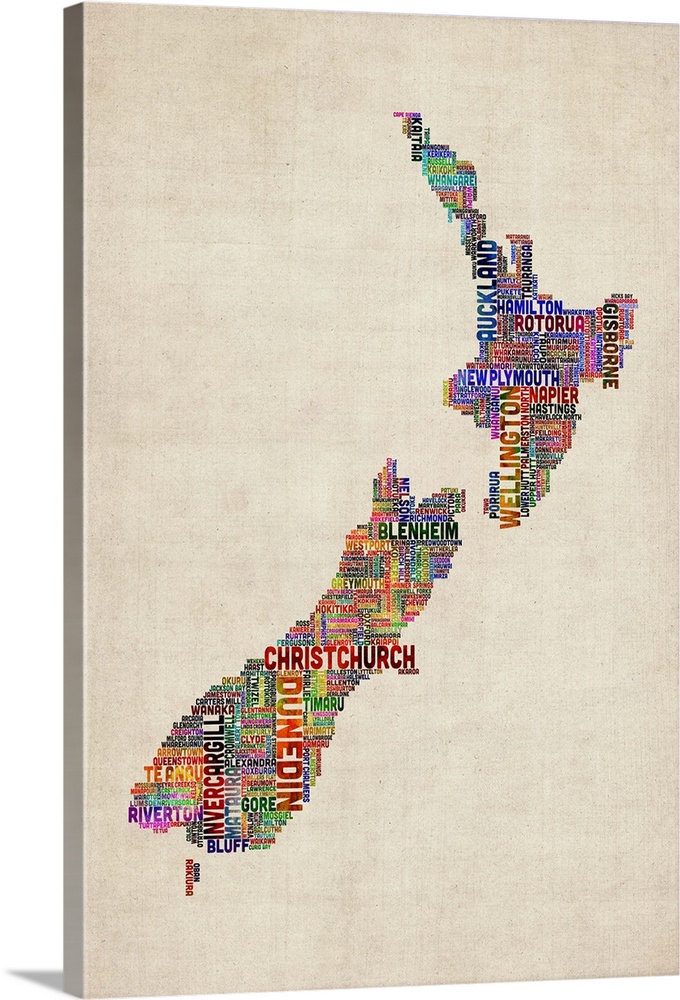 New Zealand Cities Text Map, Multicolor on Parchment