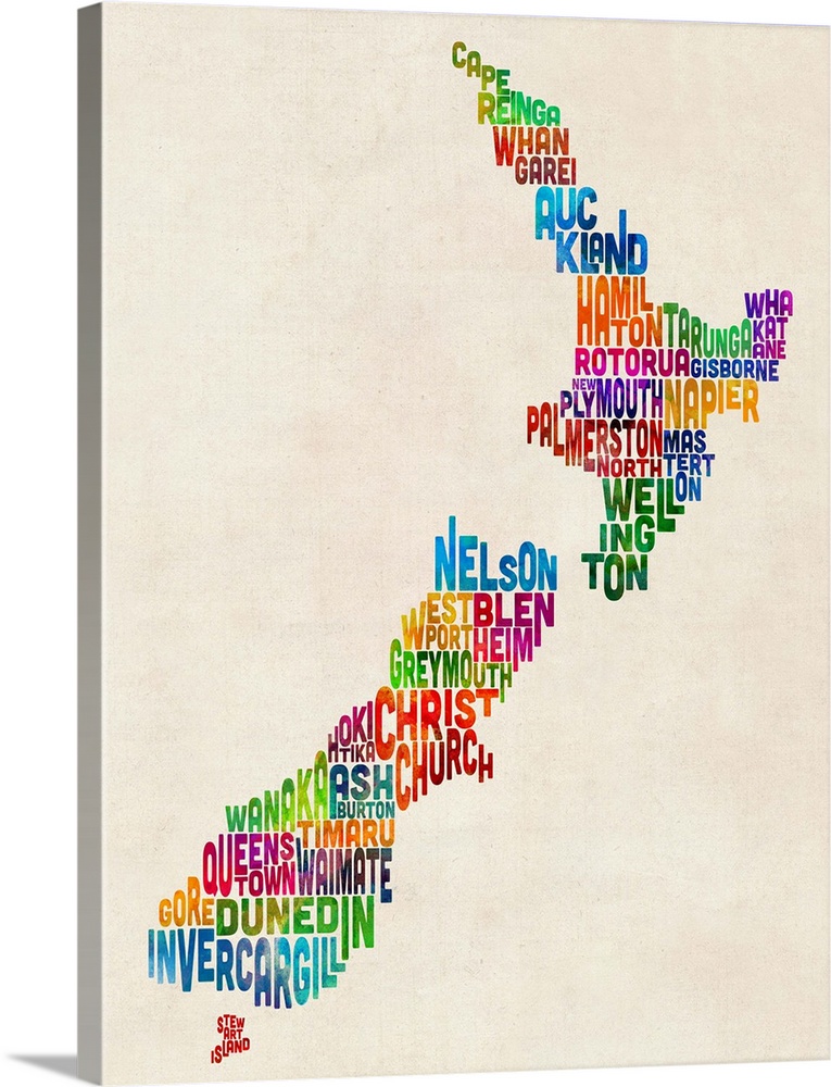 Contemporary typography art map of New Zealand.