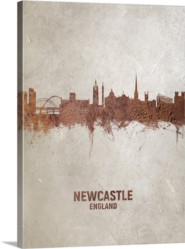 Art print of the skyline of Newcastle, England, United Kingdom. Rust on concrete.