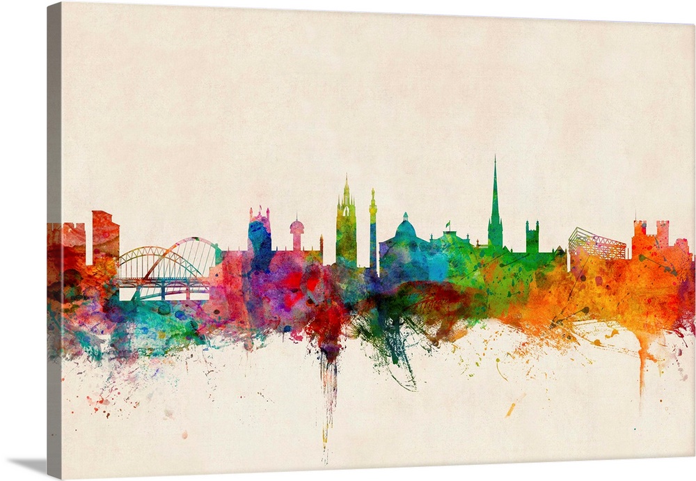 Contemporary piece of artwork of the Newcastle skyline made of colorful paint splashes.