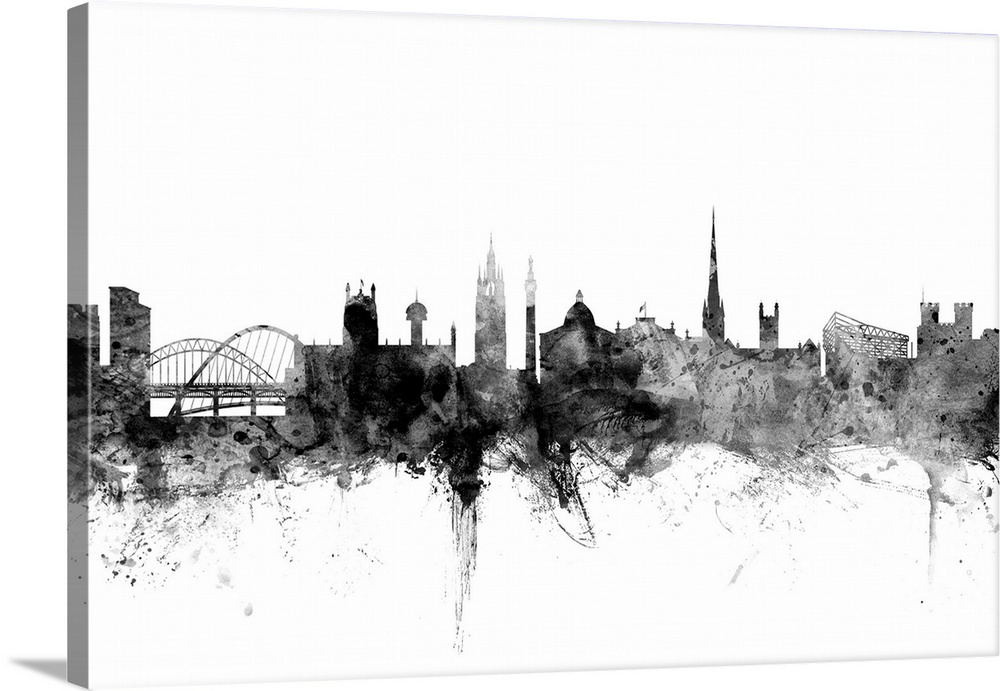 Contemporary artwork of the Newcastle city skyline in black watercolor paint splashes.