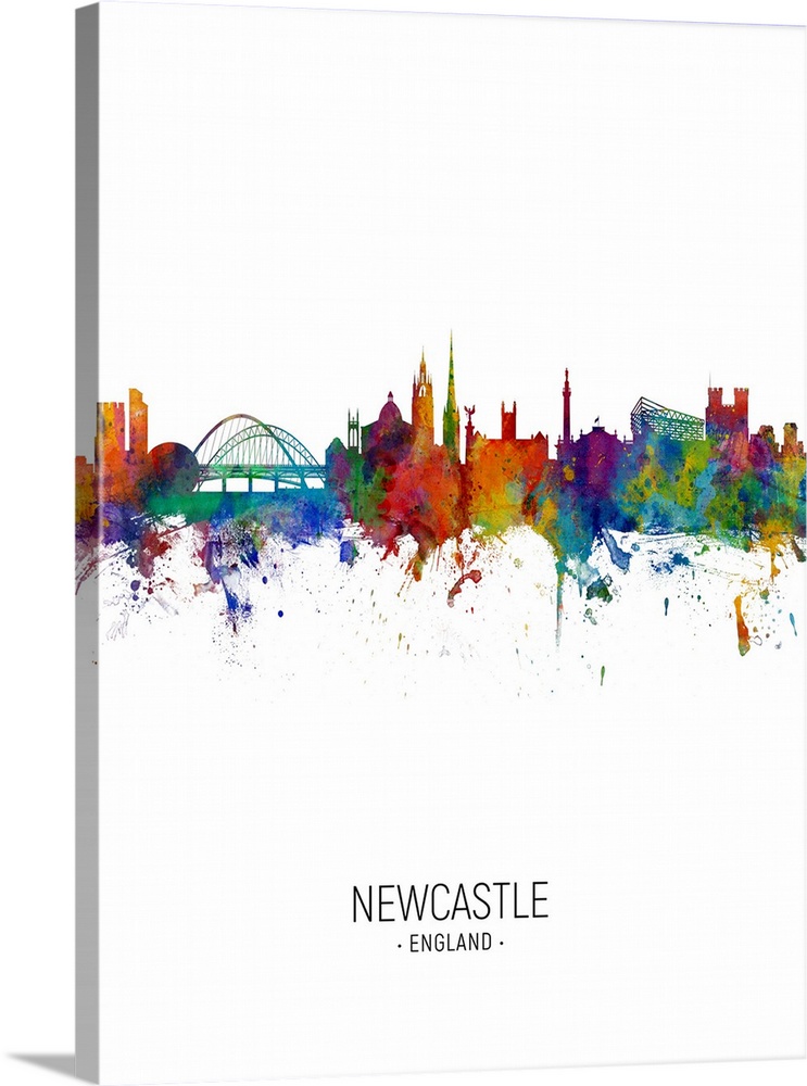 Watercolor art print of the skyline of Newcastle, England, United Kingdom