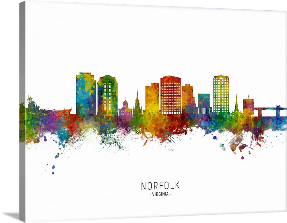 Watercolor art print of the skyline of Norfolk, Virginia