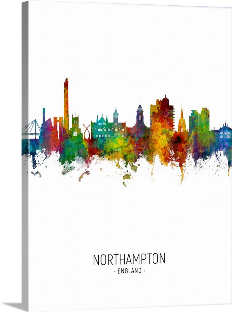 Watercolor art print of the skyline of Northampton, England, United Kingdom
