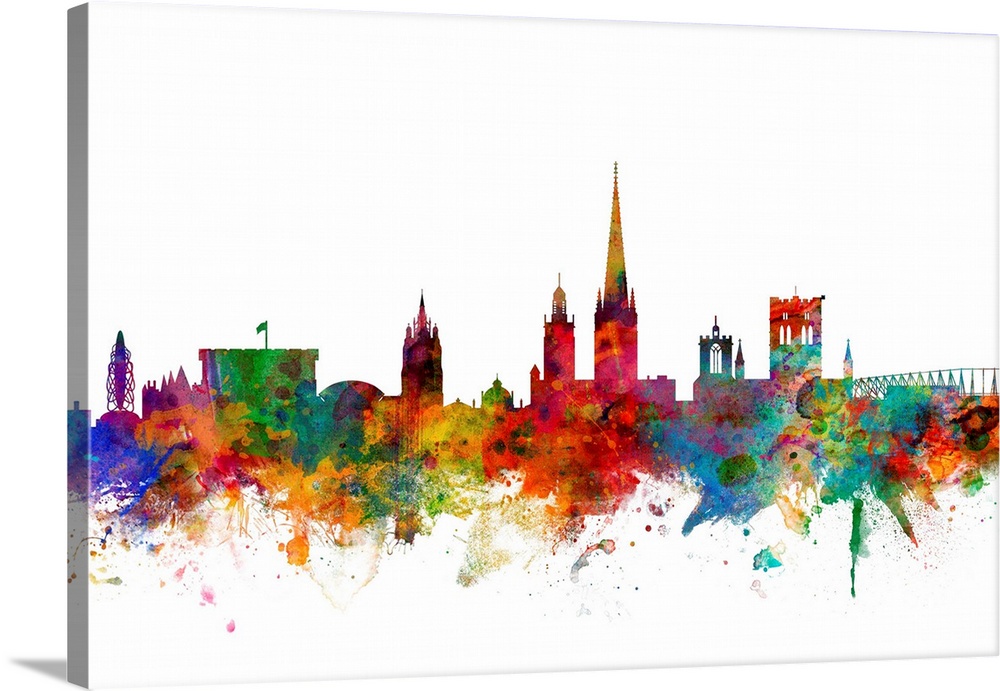 Watercolor artwork of the Norwich skyline against a white background.