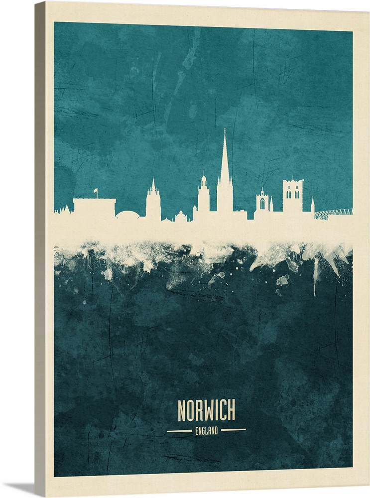 Watercolor art print of the skyline of Norwich, Norfolk, England, United Kingdom