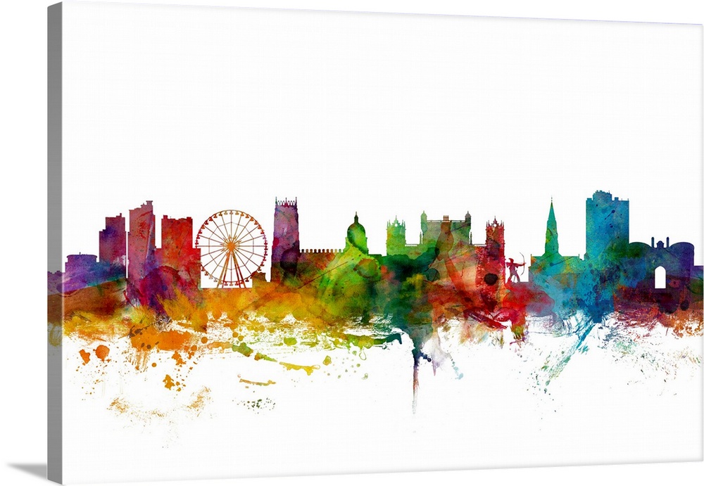 Contemporary piece of artwork of the Nottingham skyline made of colorful paint splashes.