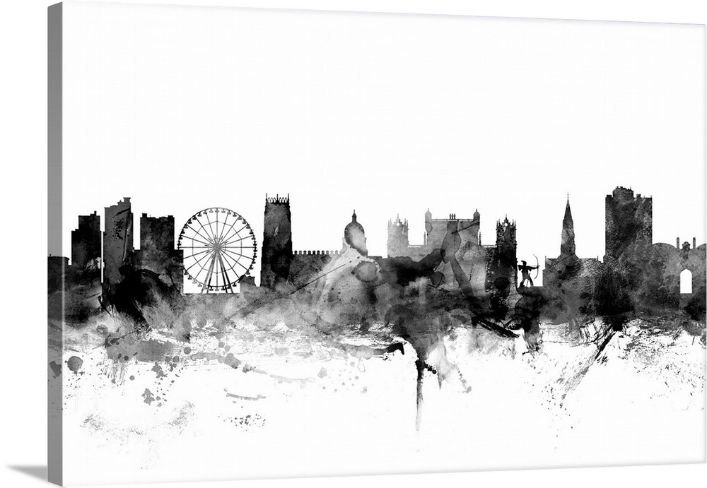 Contemporary artwork of the Nottingham city skyline in black watercolor paint splashes.