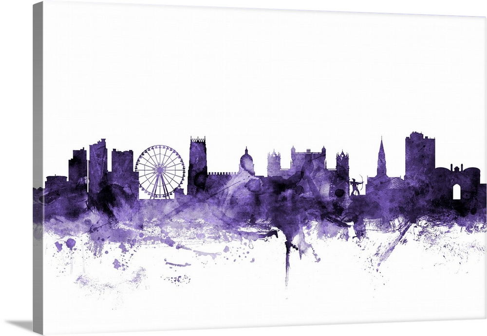 Watercolor art print of the skyline of Nottingham, England, United Kingdom