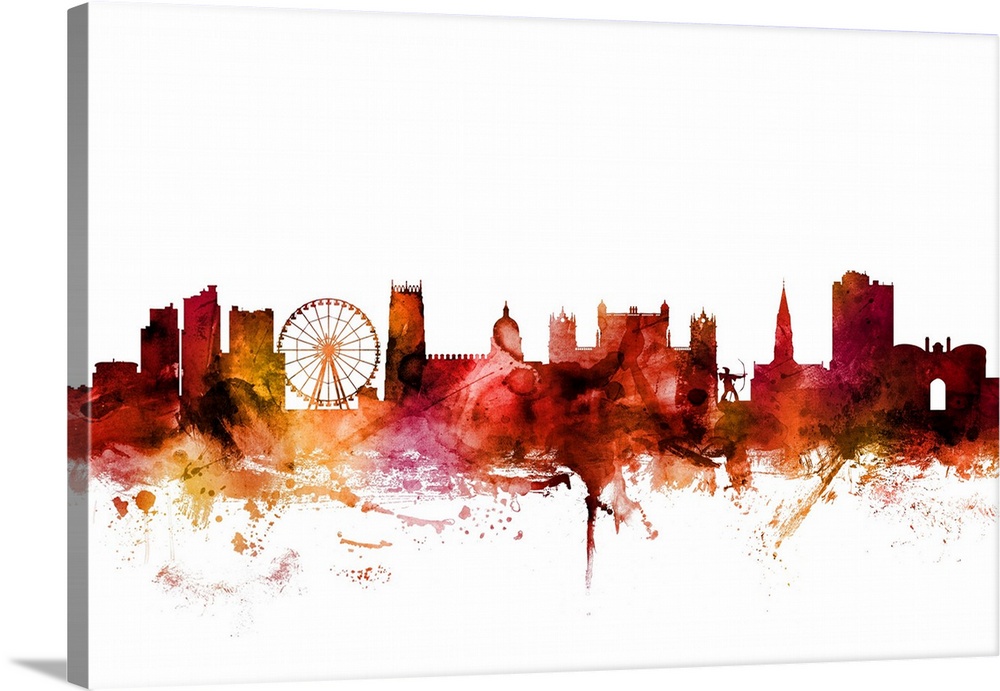 Watercolor art print of the skyline of Nottingham, England, United Kingdom.