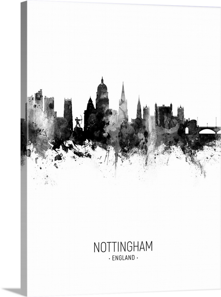 Watercolor art print of the skyline of Nottingham, England, United Kingdom