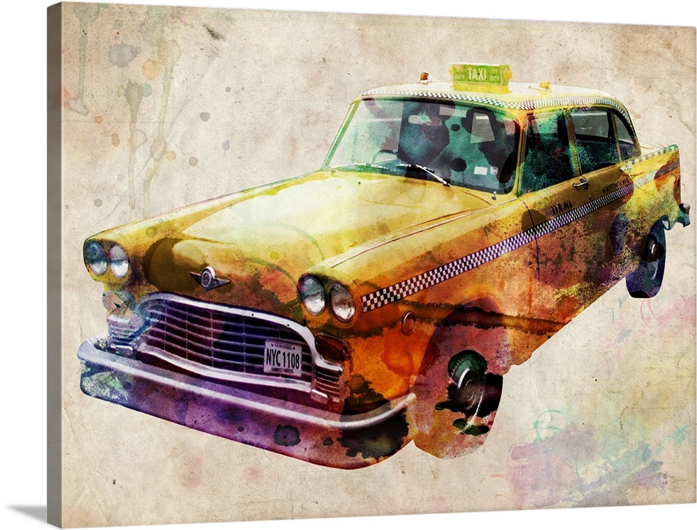 New York City Classic Yellow Taxi Cab, urban watercolor / mixed media