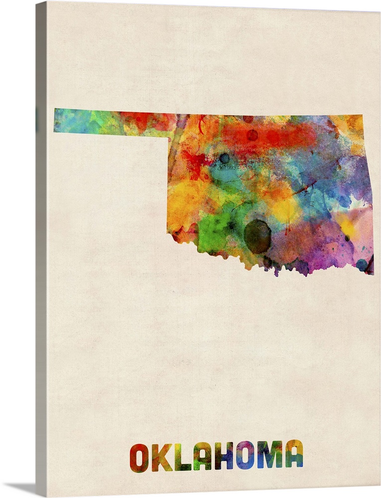 Contemporary piece of artwork of a map of Oklahoma made up of watercolor splashes.