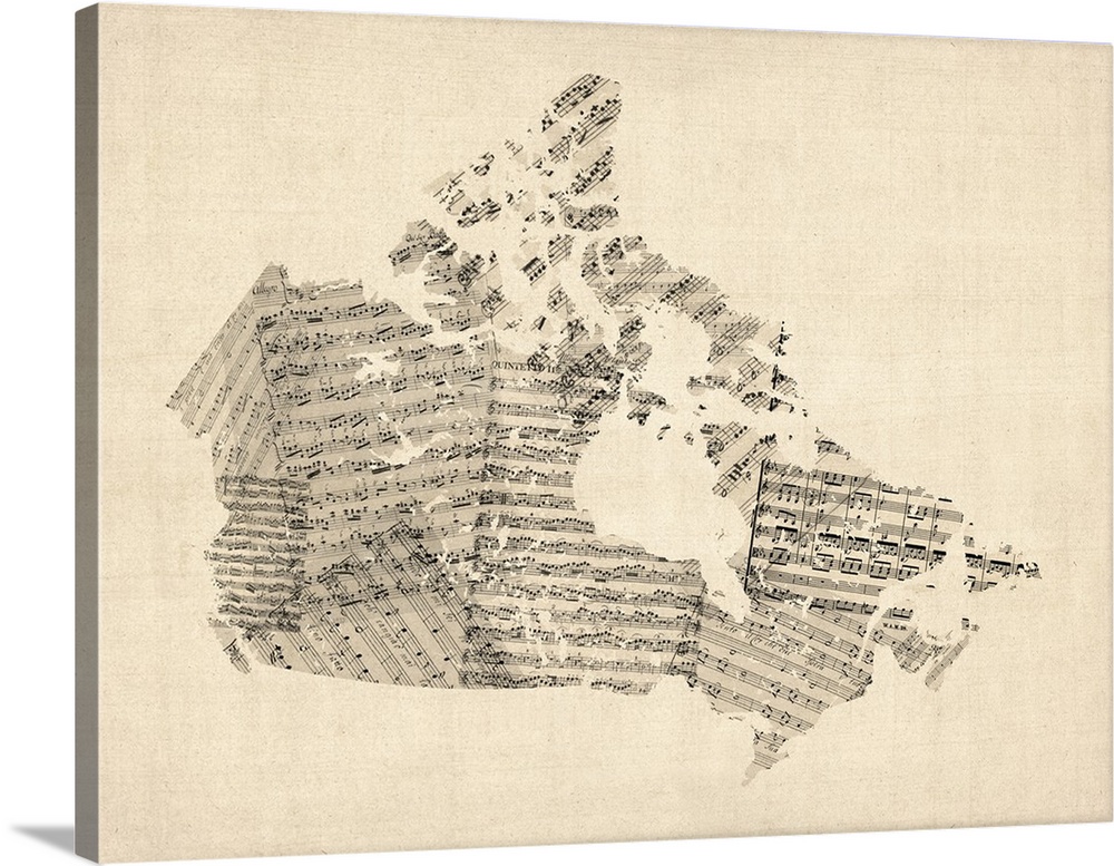 Contemporary artwork of a country map made of old sheet music.