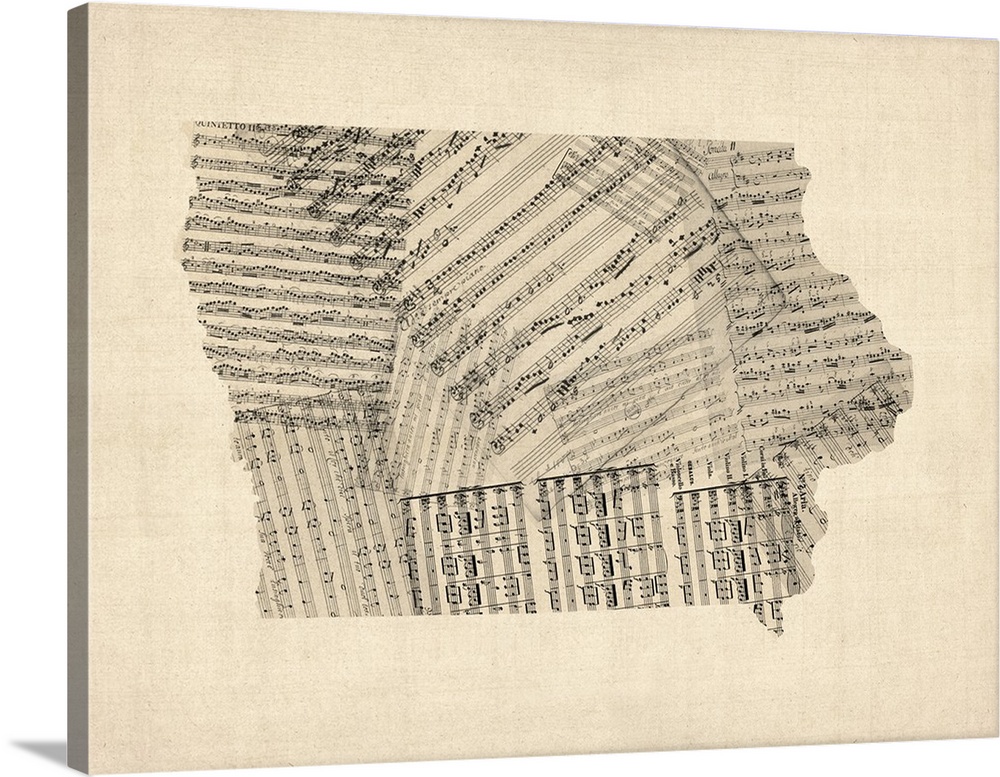 A map of Iowa made from a collage of old and vintage sheet music on an antique style background.