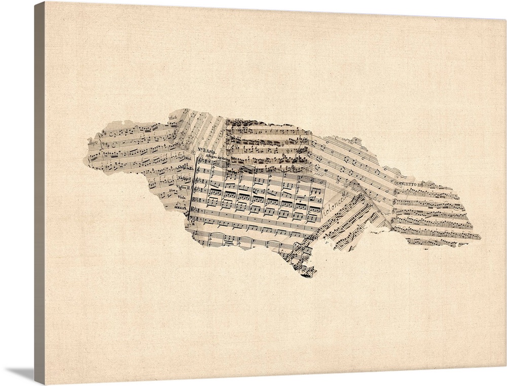 A map of Jamaica made from a collage of old and vintage sheet music on an antique style background.