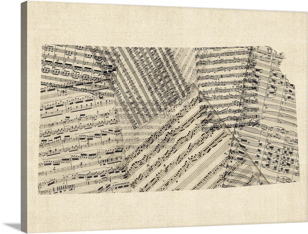 A map of Kansas made from a collage of old and vintage sheet music on an antique style background.
