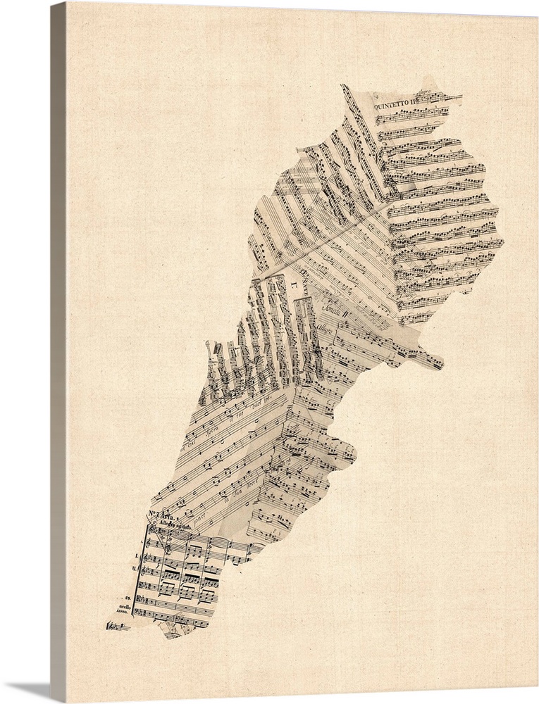 A map of Lebanon made from a collage of old and vintage sheet music on an antique style background.