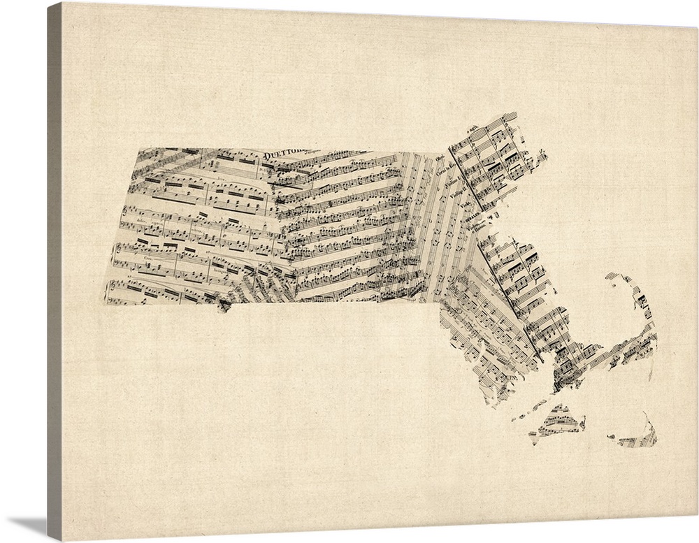 A map of Massachusetts made from a collage of old and vintage sheet music on an antique style background.