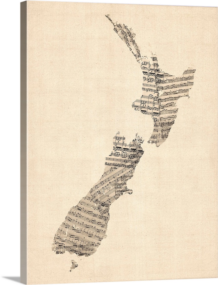 A map of New Zealand made from a collage of old and vintage sheet music, including some handwritten scores and notes, on a...