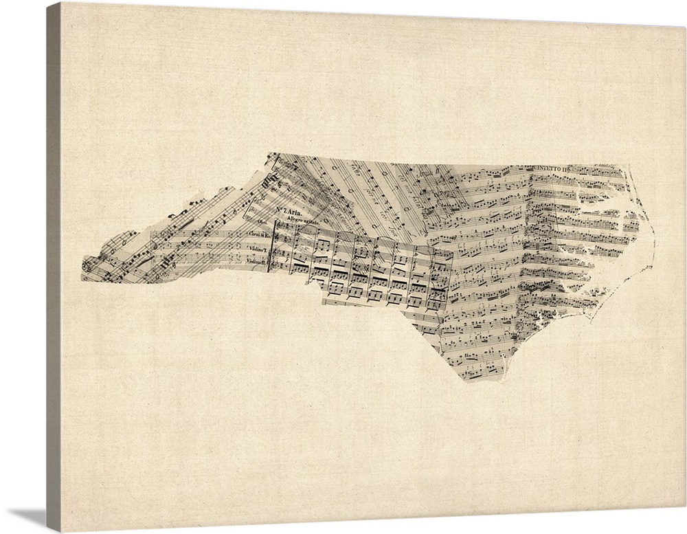 State of North Carolina made of old sheet music against a weathered beige background.
