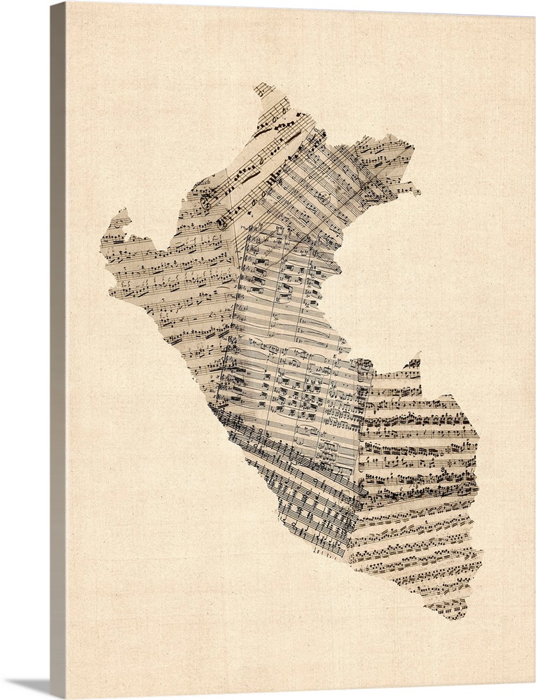 Contemporary artwork of a map of the country Peru made from old sheet music