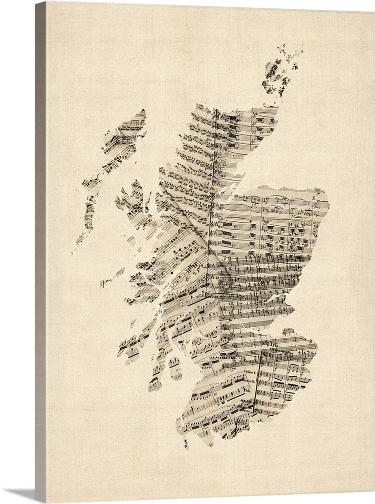 A map of Scotland made from a collage of old and vintage sheet music on an antique style background.