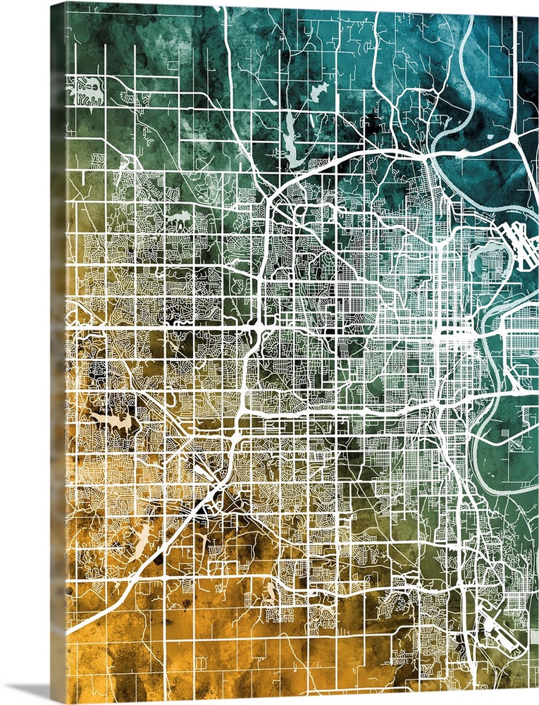 Watercolor street map of Omaha, Nebraska, United States