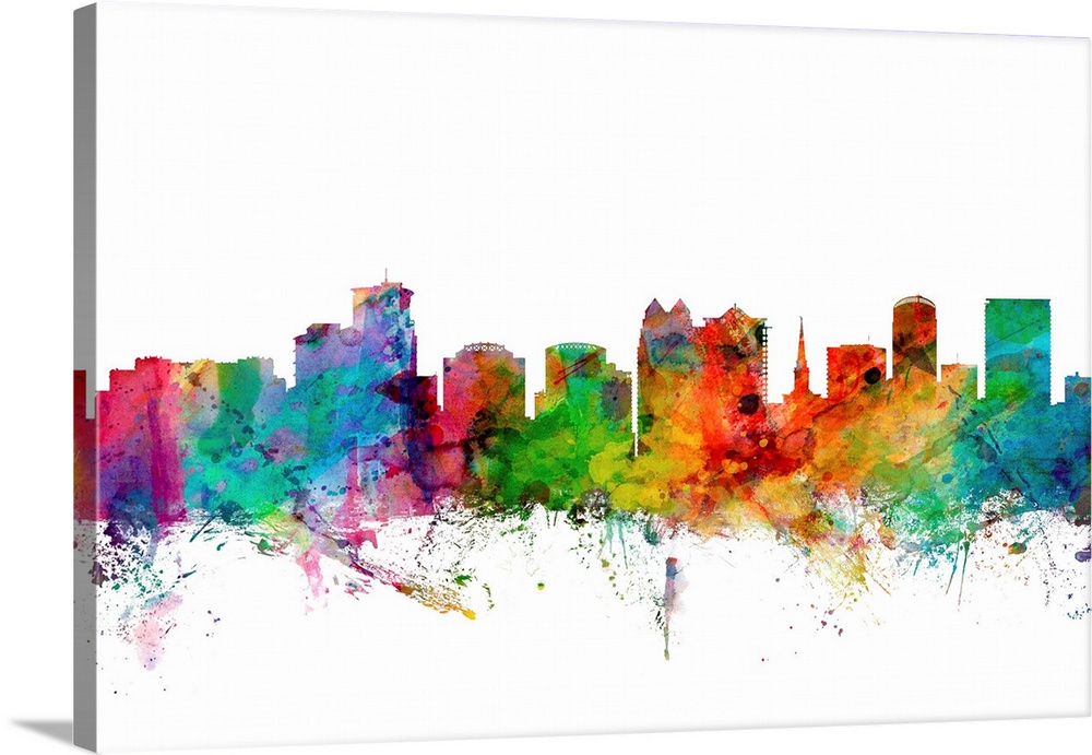Watercolor artwork of the Orlando skyline against a white background.