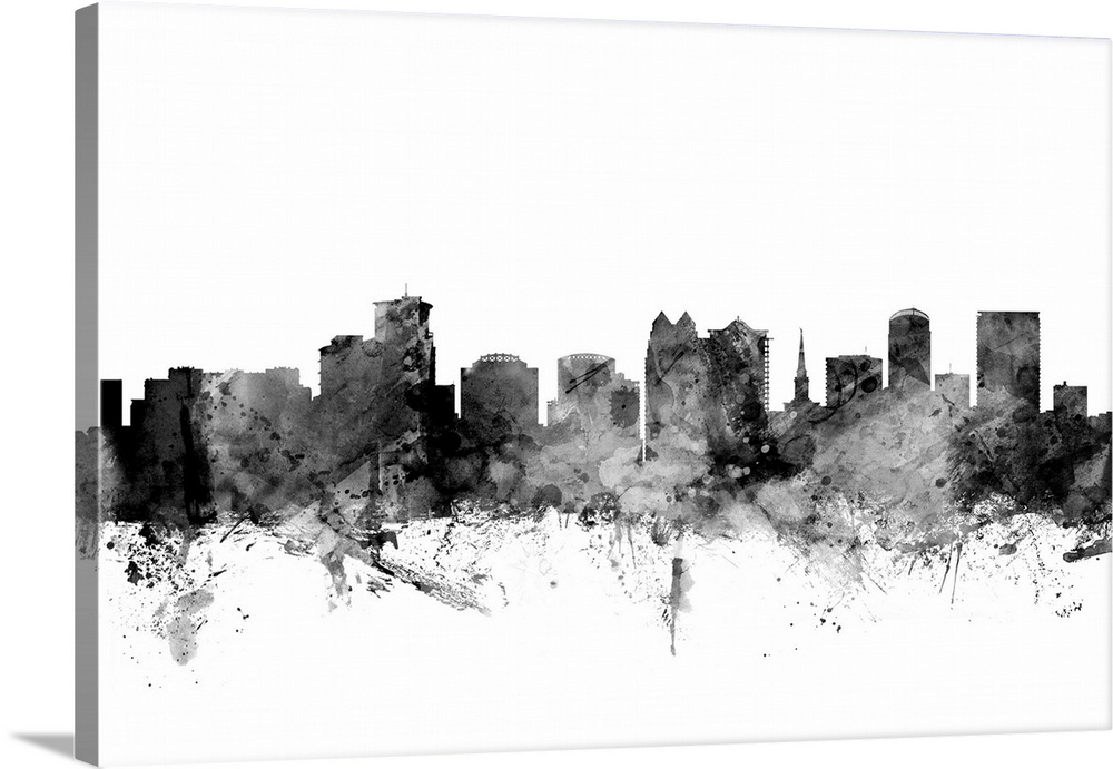 Smokey dark watercolor silhouette of the Orlando city skyline.