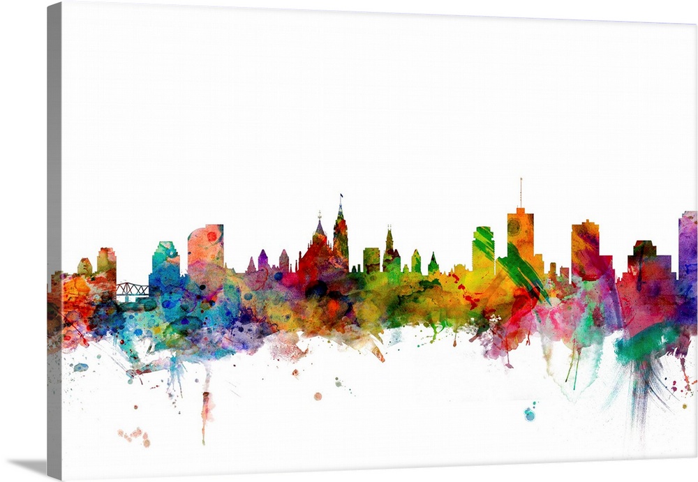 Watercolor artwork of the Ottawa skyline against a white background.