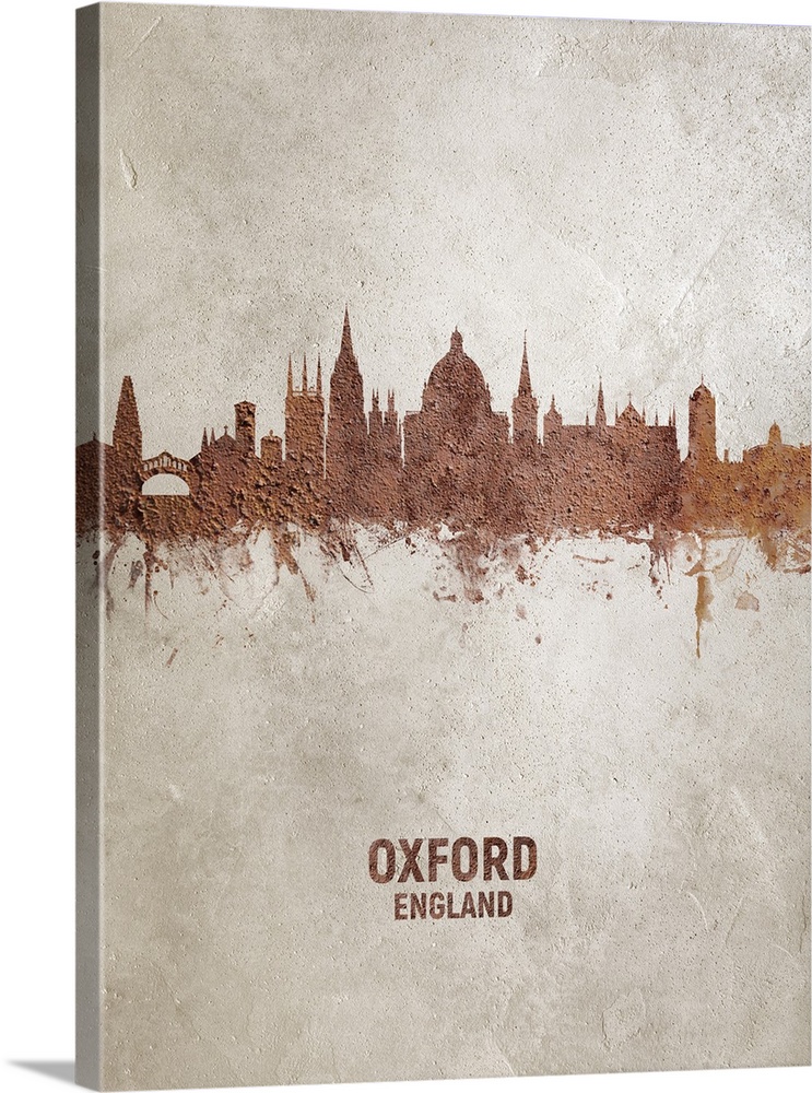 Art print of the skyline of Oxford, England, United Kingdom. Rust on concrete.