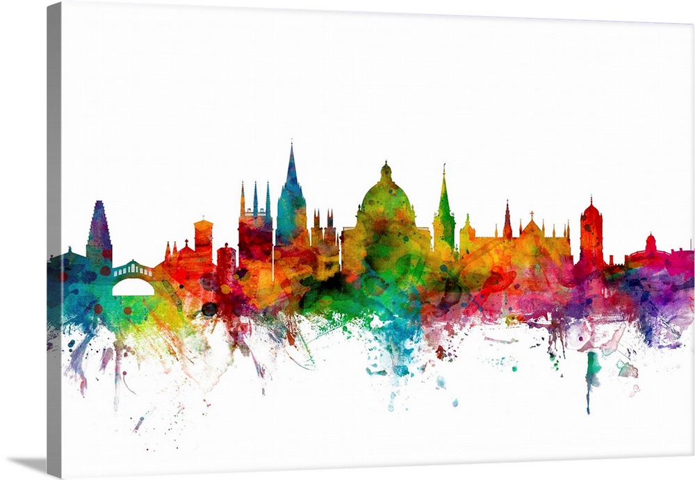 Contemporary piece of artwork of the Oxford, England skyline made of colorful paint splashes.