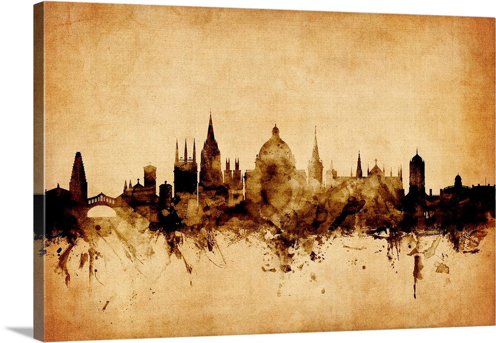 Contemporary artwork of the Oxford city skyline in a vintage distressed look.