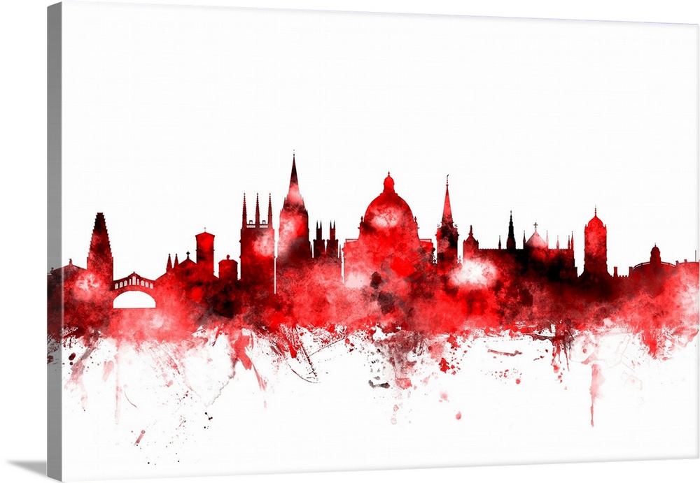Vibrant red watercolor silhouette of the Oxford city skyline.