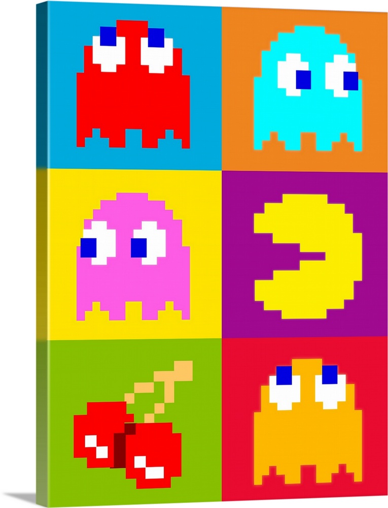This vertical 8-Bit, pixel artwork shows characters and items from this famous early video game arranged into grids giving...