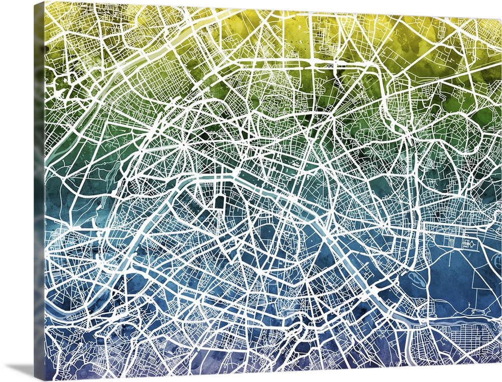Contemporary watercolor city street map of Paris.