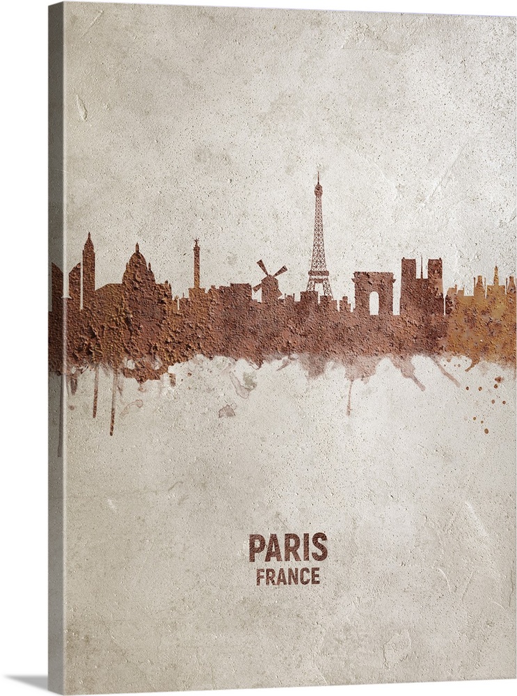 Art print of the skyline of Paris, France. Rust on concrete.