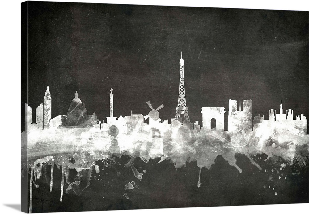 Smokey dark watercolor silhouette of the Paris city skyline against chalkboard background.