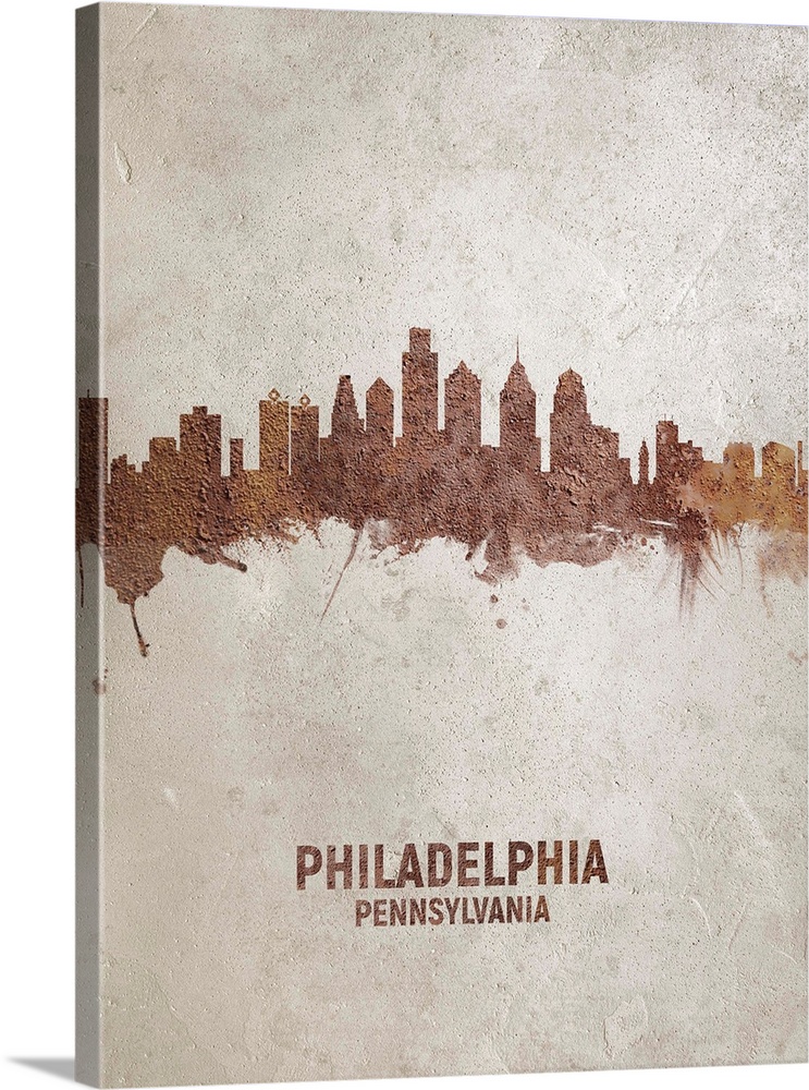 Art print of the skyline of Philadelphia, Pennsylvania, United States. Rust on concrete.