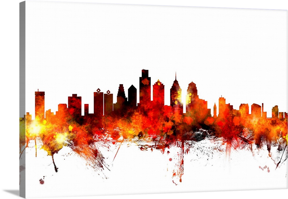 Contemporary piece of artwork of the Philadelphia skyline made of colorful paint splashes.