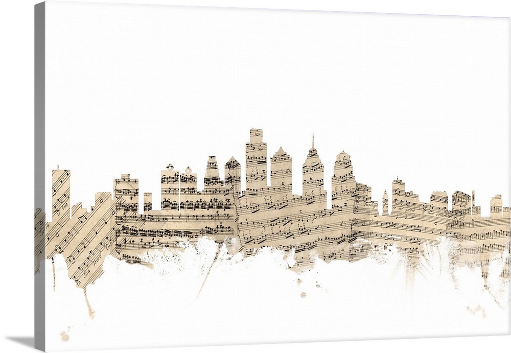Philadelphia skyline made of sheet music against a white background.