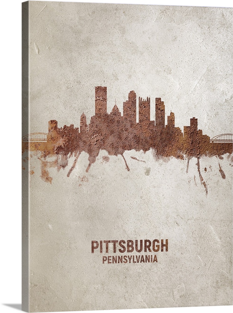 Art print of the skyline of Pittsburgh, Pennsylvania, United States. Rust on concrete.