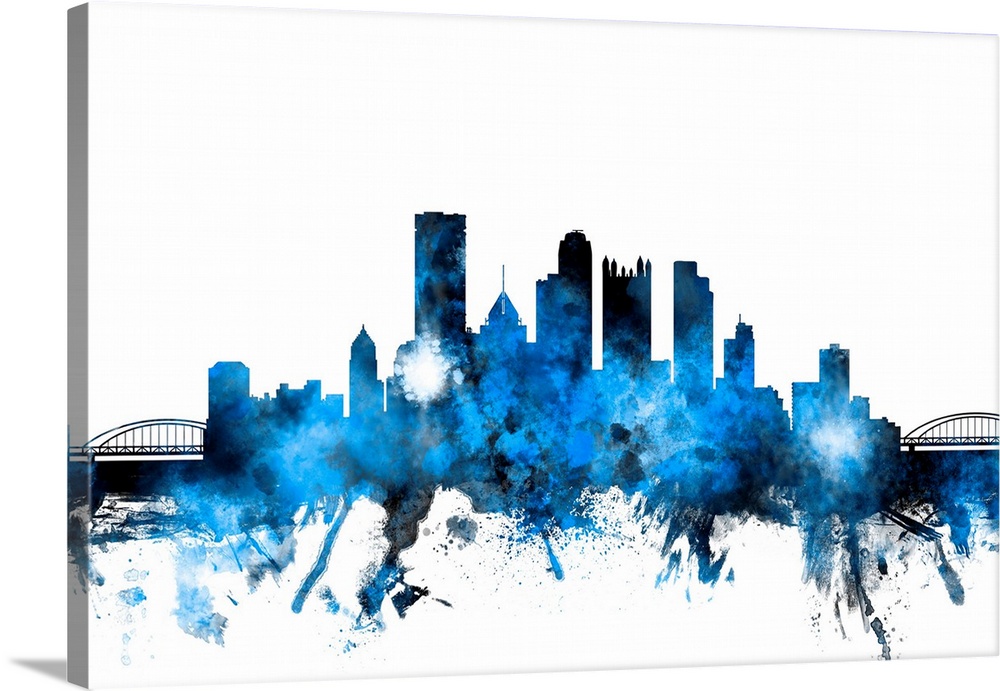 Contemporary piece of artwork of the Pittsburgh skyline made of colorful paint splashes.