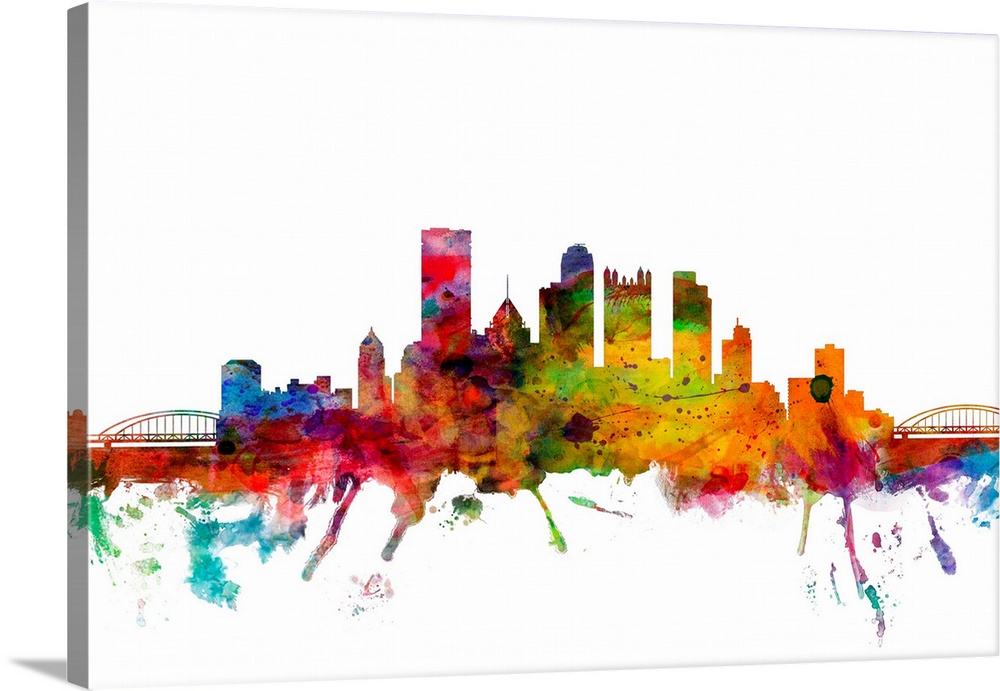Watercolor artwork of the Pittsburgh skyline against a white background.