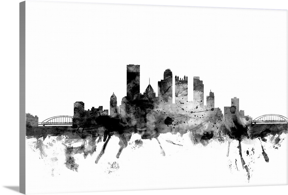 Contemporary artwork of the Pittsburgh city skyline in black watercolor paint splashes.