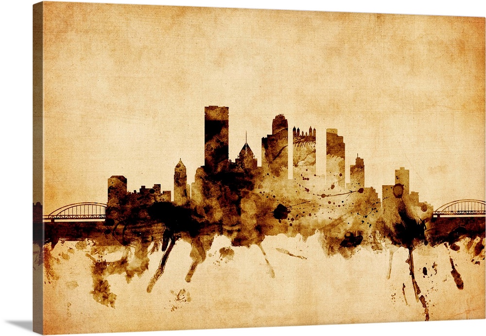 Contemporary artwork of the Pittsburgh city skyline in a vintage distressed look.