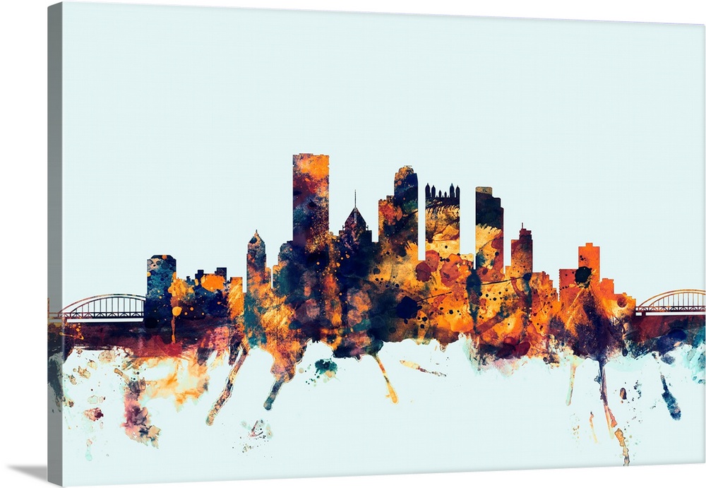 Dark watercolor silhouette of the Pittsburgh city skyline against a light blue background.