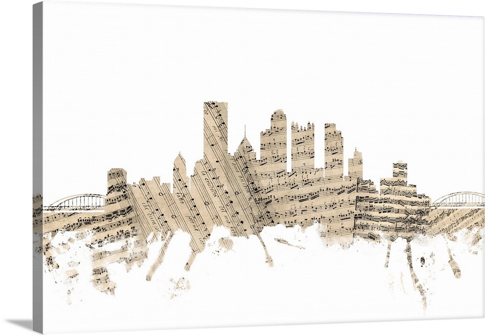 Pittsburgh skyline made of sheet music against a white background.